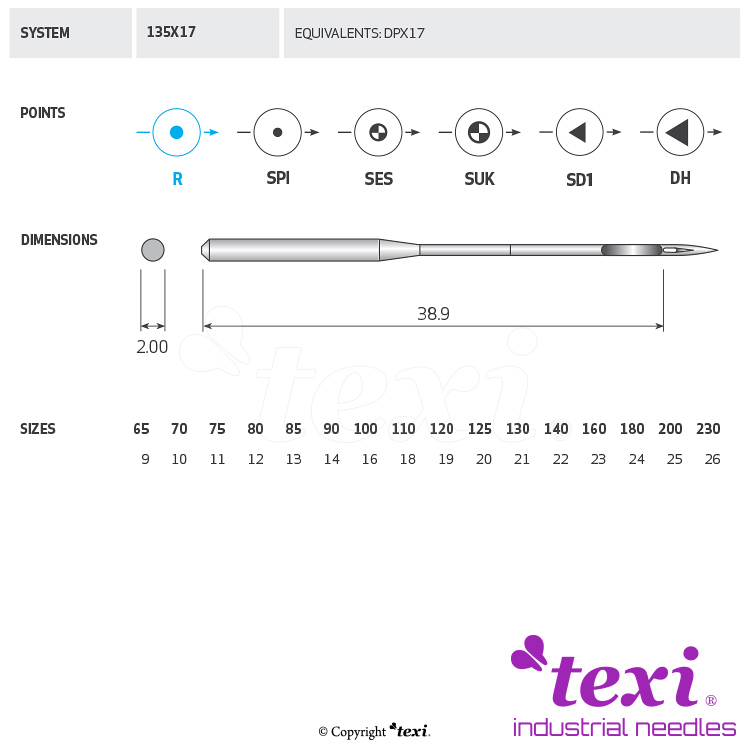 Strojové jehly pro průmyslové šicí stroje TEXI 135X17 120