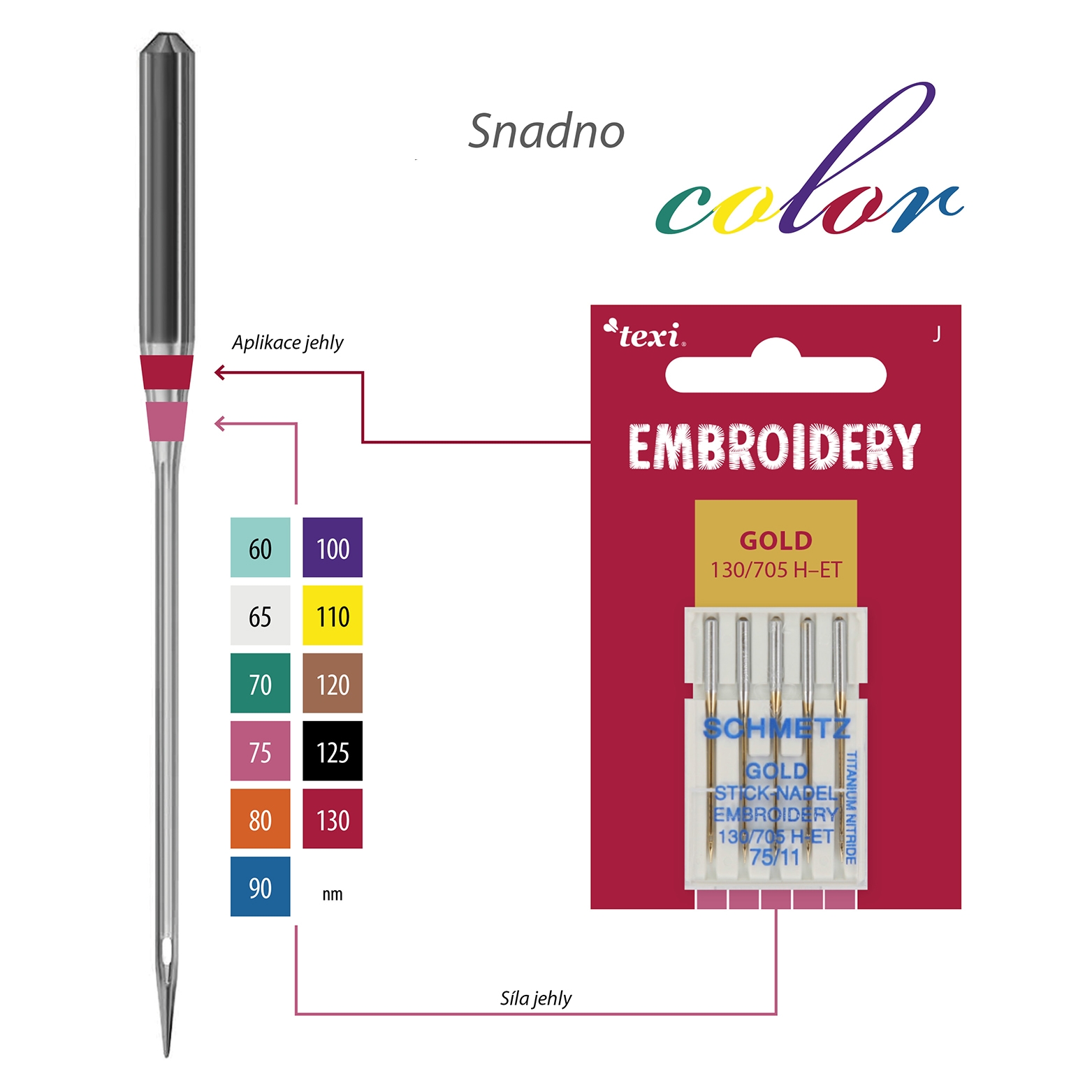 Vyšívací jehly zlaté TEXI EMBROIDERY GOLD 130/705 H-ET 5x75